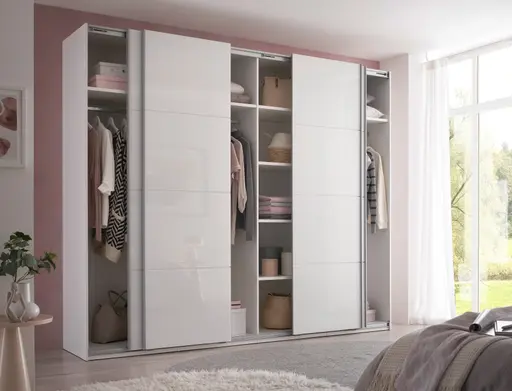 Schwebetürenschrank - B. ca. 270 cm, Melamin, Weißglas