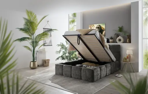 Bettgestell SANDRIN R- Liegefläche ca. 140x200 cm, Stoff, Grau, inkl Latterost und Stauraum