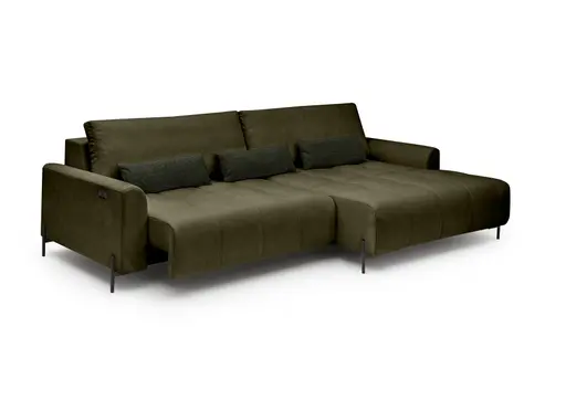 Ecksofa - 2-Sitzer mit Longchair rechts, Sitztiefe verstellbar motorisch, Stoff, Dunkelgrün