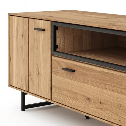 Lowboard Blackpool - Eiche massiv mit Metallrahmen schwarz und Holzbalken