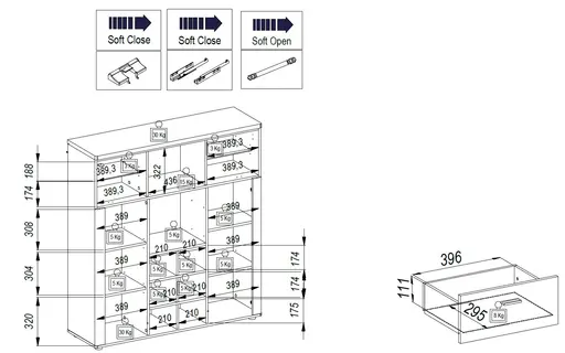 Highboard - mit Beleuchtung, B ca. 128 cm, Eiche Nachbildung, Eiche dunkel Nachbildung