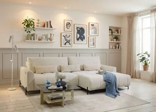 Ecksofa - 2-Sitzer mit Longchair rechts, Sitztiefe verstellbar motorisch, Stoff, Creme