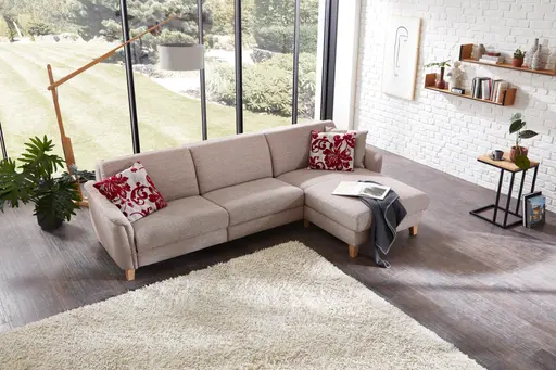 Ecksofa Mendoza - 2,5-Sitzer mit Longchair rechts, Bettkasten, Stoff, Bordeaux