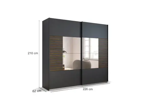 Schwebetürenschrank- B ca. 226 cm, Grau Metallic, Eiche Dunkel, Spiegel