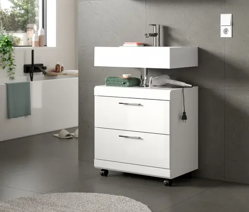 Waschbeckenunterschrank - B ca. 60 cm, Weiß, Weiß Hochglanz