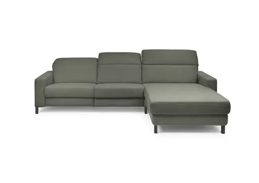 Ecksofa - CALM FLEX 2.0, 3-Sitzer mit Longchari rechts, Kopfteil verstellbar, Stoff, Olive
