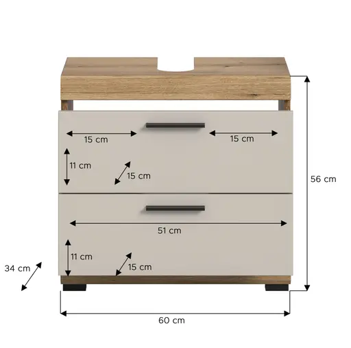 Waschbeckenunterschrank - B ca. 60 cm, Evoke Eiche Nachbildung, Kaschmir