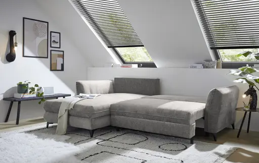 Ecksofa - Longchair links mit 2-Sitzer, Schlaffunktion mit Bettkasten, Stoff, Steingrau