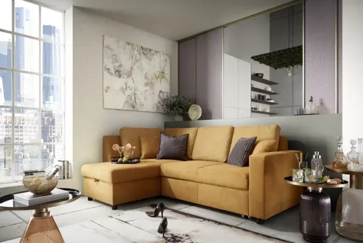 Ecksofa PRO FLEXX - Ecke links, 2-Sitzer inkl. Schlaffunktion und Bettkasten, Stoff, Senfgelb