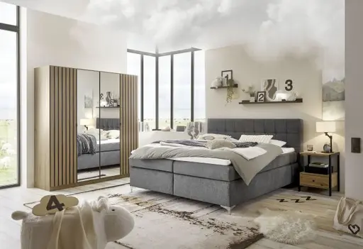 Drehtürenschrank RUERTO- B ca. 181 cm, Eiche Dekor, Dunkelgrau, Paneel, Eiche Dekor, Spiegel