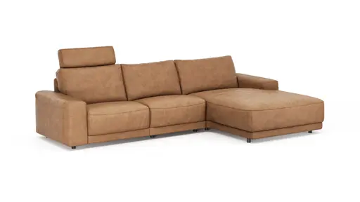 Ecksofa Balok - 2,5-Sitzer mit Longchair groß rechts, inkl. Relaxfunktion (motorisch) und Kopfstütze, Leder, Cognac