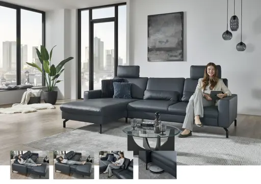 Ecksofa - Longchair links mit 3-Sitzer, Leder, Blau