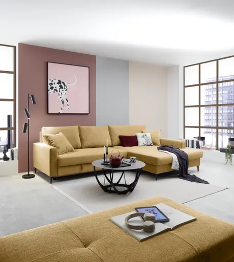 Ecksofa - 3-Sitzer mit Longchair rechts, Schlaffunktion mit Bettkasten, Stoff, Senfgelb