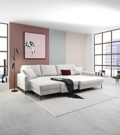 Ecksofa - 3-Sitzer mit Longchair rechts, Schlaffunktion mit Bettkasten, Stoff, Creme