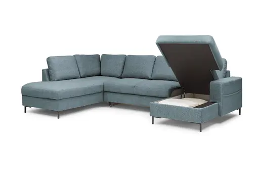 Wohnlandschaft - Ecke links mit 2-Sitzer und Longchair rechts, Stoff, Azur