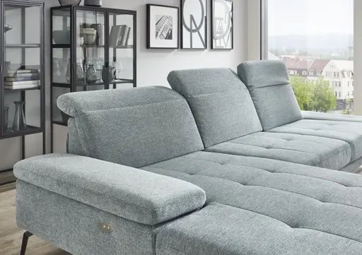 Ecksofa - Longchair links mit 3-Sitzer, Kopfteil verstellbar, Stoff, Hellblau