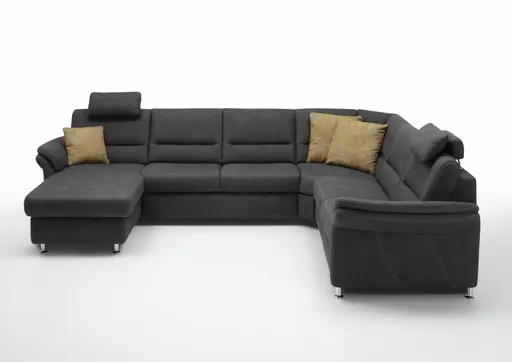 Wohnlandschaft - Longchair links mit 2,5-Sitzer und Ecke rechts inkl. 2 Premiumkopfstützen in Stoff Dunkelgrau