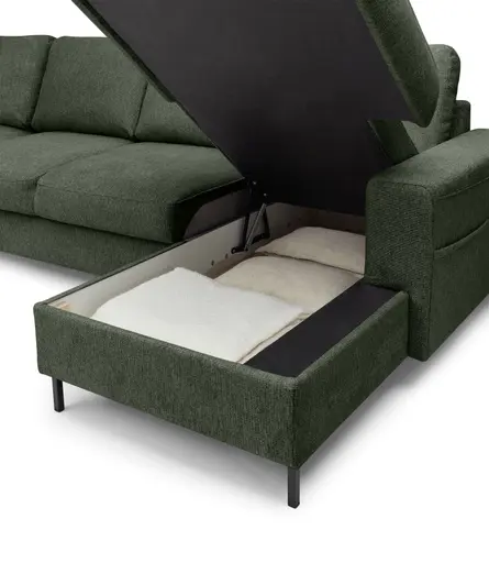 Wohnlandschaft - Ecke links mit 2-Sitzer und Longchair rechts, Stoff, Dunkelgrün