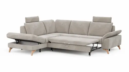 Ecksofa Tulsa KS - 1,5-Sitzer mit Anstellhocker aufklappbar links, Spitzecke und 2,5-Sitzer rechts, inkl. Kopfstütze, AL verstellbar und Schlaffunktion, Stoff, Graubeige
