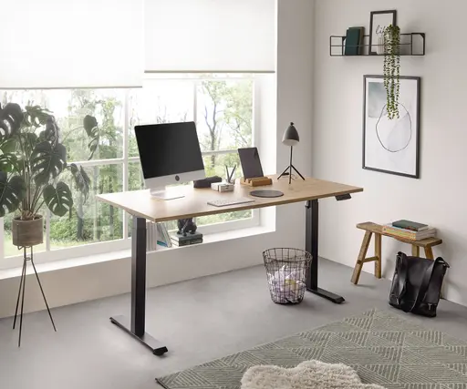 Schreibtisch - höhenverstellbar, LB ca. 137x68 cm, Eiche Dekor, Stahl, Schwarz