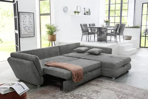 Ecksofa - 2-Sitzer, Ecke rechts inkl. Schlaffunktion und Bettkasten, Stoff, Grau