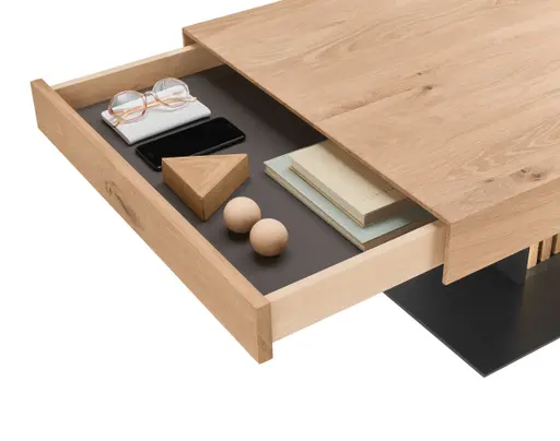 Couchtisch - mit Schublade und Beleuchtung, LBH 120x70x45 cm, Birke massiv, Anthrazit lackiert, Applikation Kerneiche Natur