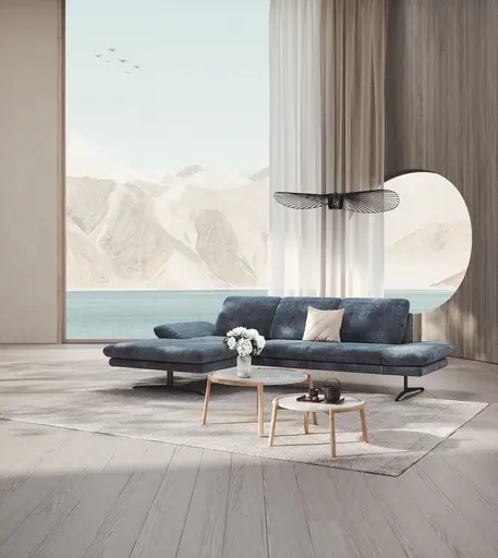 Ecksofa Hubertus - Longchair links mit 2-Sitzer, Rückenlehne/Armlehne verstellbar, Stoff, Blau