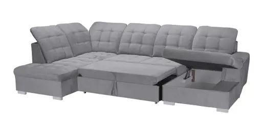 Wohnlandschaft - Ecke links, 2-Sitzer, Longchair rechts inkl. Schlaffunktion und Bettkasten, verstellbare Kopfstützen, Stoff, Grau