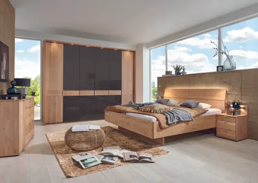 Drehtürenschrank - inkl. Passepartout-Rahmen und Beleuchtung, B. ca. 306,4 cm, Erle teilmassiv, Glas Mocca