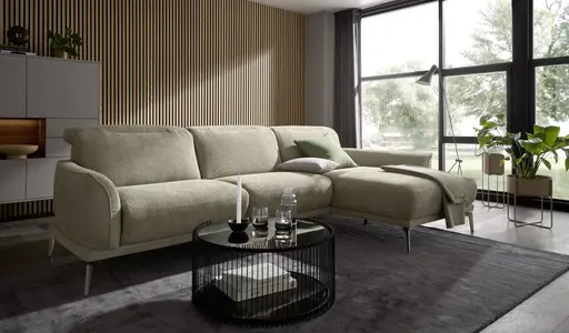 Ecksofa Amadena - 2-Sitzer mit Longchair rechts inkl. Kopfteilverstellung, Stoff, Limone