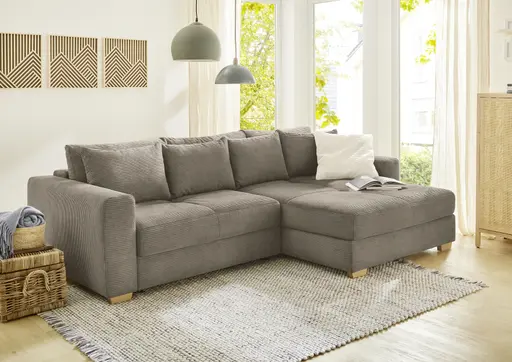 Ecksofa - 2-Sitzer, Ecke rechts inkl. Schlaffunktion und Bettkasten, Stoff, Taupe