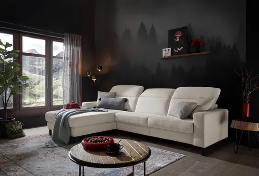 Ecksofa - CALM FLEX 2.0, Longchair links mit 3-Sitzer, Kopfteil verstellbar, Stoff, Weiß