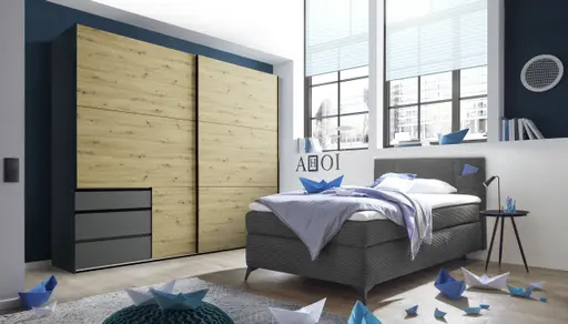 Schwebetürenschrank- B ca. 250 cm, Graphit, Eiche Dekor