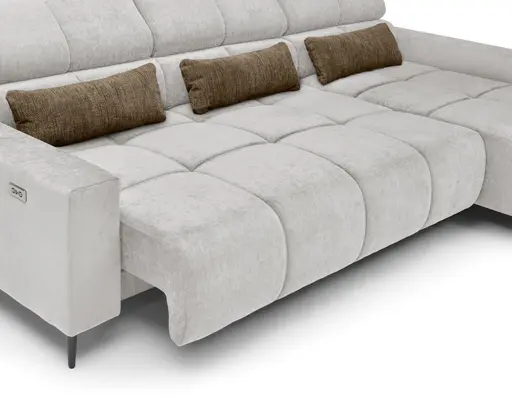Ecksofa - 2-Sitzer mit Longchair rechts, Sitztiefe verstellbar motorisch/Kopfteil verstellbar, Stoff, Sand