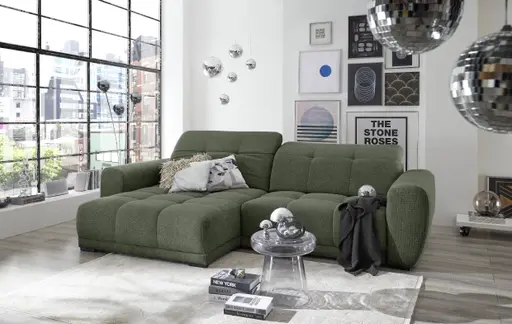 Ecksofa - Longchair links mit 2-Sitzer, Kopfteil verstellbar, Sitztiefe verstellbar motorisch, Stoff, Moos