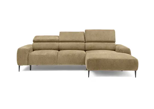 Ecksofa - 2-Sitzer mit Longchair rechts, Sitzvorzug motorisch, Kopfteil verstellbar, Stoff, Senfgelb