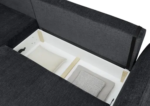 Ecksofa - Longchair links mit 2-Sitzer, Schlaffunktion mit Bettkasten, Stoff, Schwarz