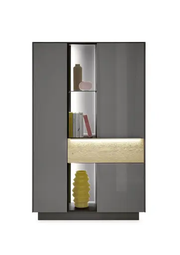 Highboard - mit Beleuchtung, B ca. 96 cm, Anthrazit, Eiche massiv