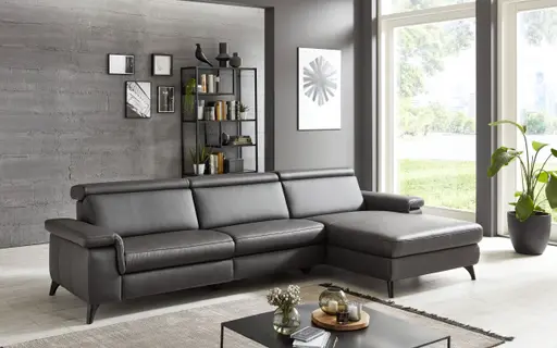 Ecksofa - 2-Sitzer mit Longchair rechts, Leder, Anthrazit