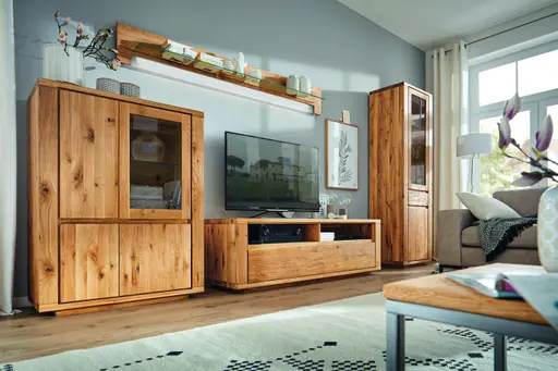 Wohnwand Bakersfield - sichtbare Rückwand und Schubladen geschroppt, Asteiche massiv, geölt