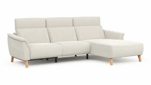 Ecksofa Nevin - 2-Sitzer mit Longchair rechts, inkl. Relaxfunktion (motorisch) und Kopfpolsterverstellung, Stoff, Weiß
