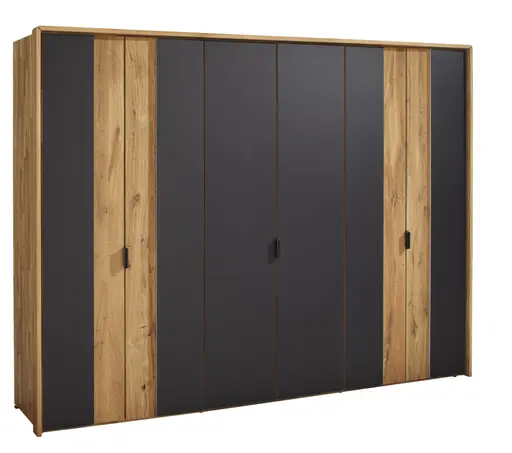 Drehtürenschrank Ottawa - inkl. Beleuchtung und Passepartout, B ca. 297 cm, Wildeiche massiv / Glas Anthrazit