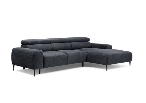 Ecksofa - 2-Sitzer mit Longchair rechts, Sitzvorzug motorisch, Kopfteil verstellbar, Stoff, Schwarzgrau
