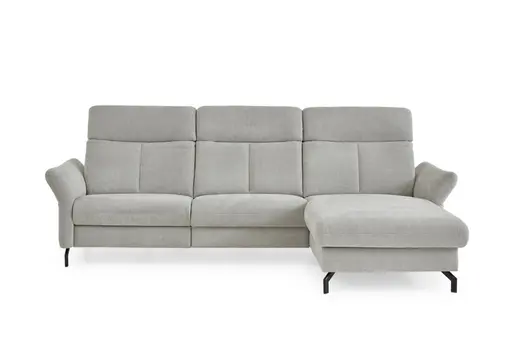 Ecksofa - 2-Sitzer mit Longchair rechts, Kopfteil verstellbar, Stoff, Silbergrau