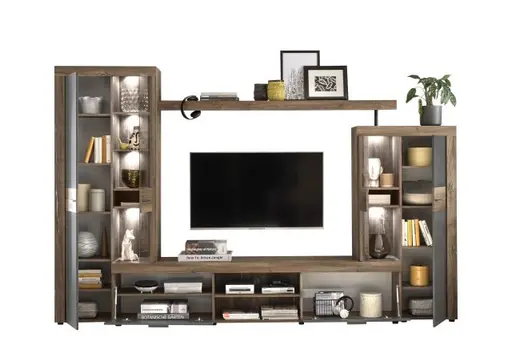 Wohnwand- Grau, Holzdekor