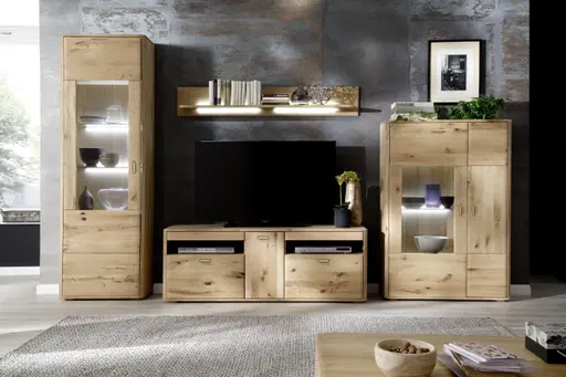 Wohnwand - mit Beleuchtung, Eiche massiv