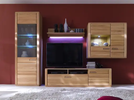 Wohnwand - mit Beleuchtung, Kernbuche teilmassiv