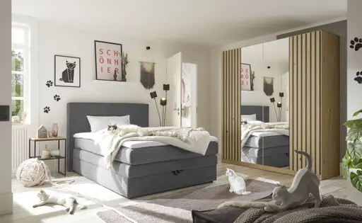 Drehtürenschrank RUERTO- B ca. 181 cm, Eiche Dekor, Dunkelgrau, Paneel, Eiche Dekor, Spiegel