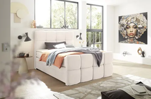 Boxspringbett SANDRIN R- Liegefläche ca. 140x200 cm, Stoff, Creme, inkl. Stauraum und Fußteil