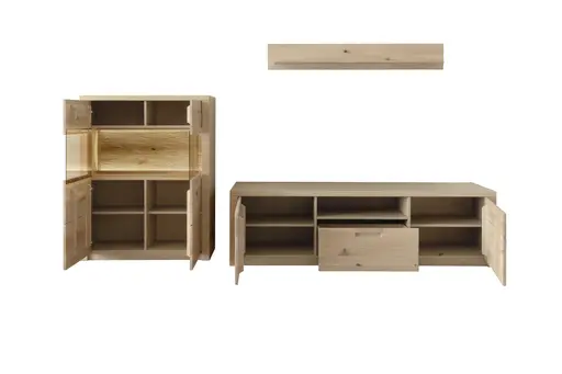 Wohnwand - mit Beleuchtung und Fernbedienung, Eiche Nachbildung, Eiche massiv geölt